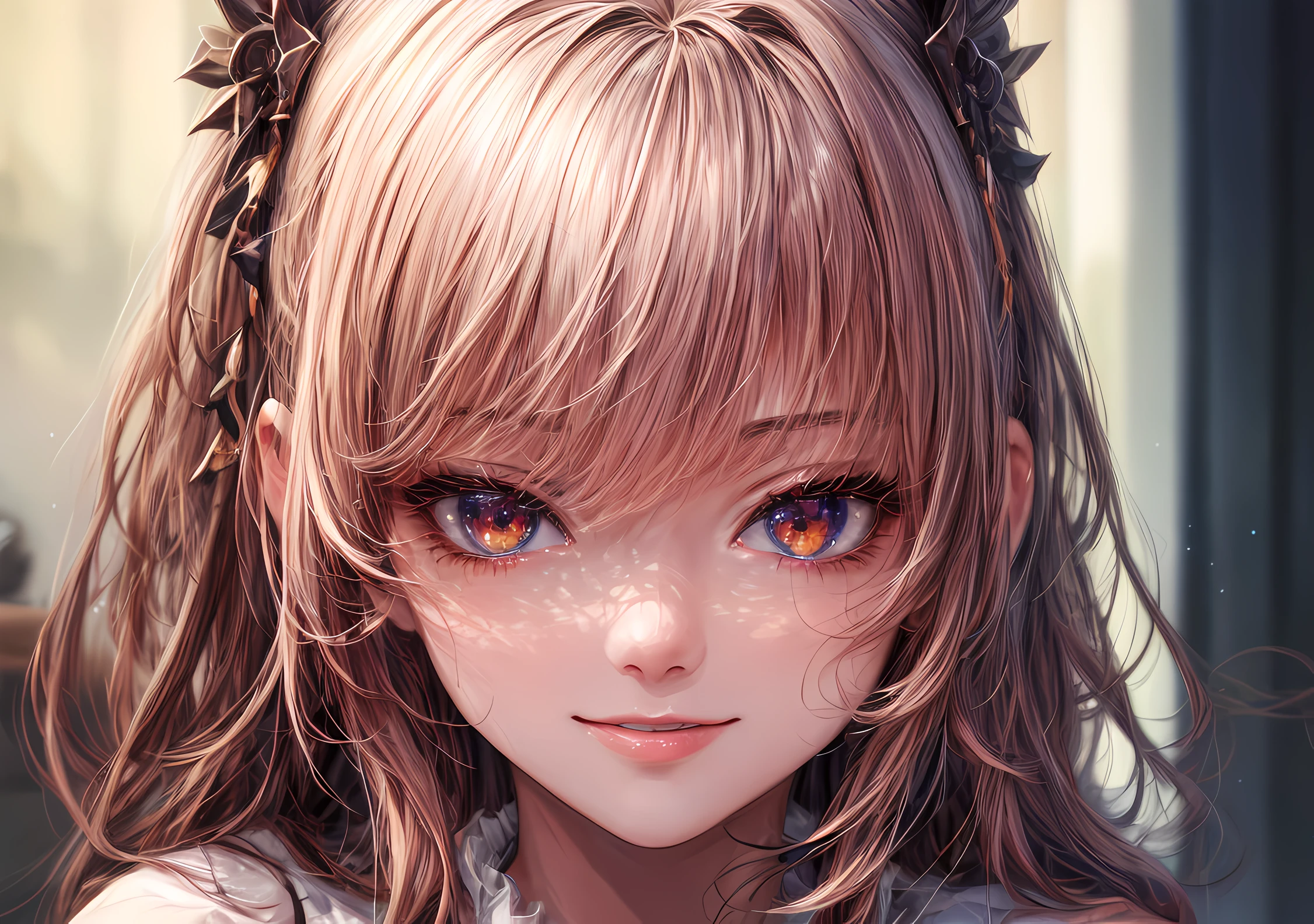 Girl looking at the camera with beautiful red eyes and an attractive smile, mouth open, White Teeth, Cute little nose, Beautiful ears, Brown hair, Stars in her fixed eyes, breathtaking rendering, extreme closeup, Sweet girl, attractive anime girl, beautiful anime girl, Cute beautiful anime woman, detailed digital anime art, beautiful anime girl, beautiful anime girl, Anime with small details, Best Quality, Masterpiece, Ultra-detailed, Beautiful, hight resolution, Original,CG 8K ультрареалистичный, perfect artwork, beatiful face, Face Clean, Skin, hyper realistic, Ultra Detailed, A detailed eye, dramatic  lighting, (Realistic) Realistic, Full HD, Best Quality, Best Quality, Beautiful lighting, (8k wallpaper of extremely detailed CG unit), High Details, sharp-focus, The art of dramatic and photorealistic painting, beautiful smile, Incredibly detailed face, hyper detailed face, A face with a lot of detail, Perfect nose, gorgeous smile, A star in the eye, Perfect eye shadow, wink, Hyper-Detailed Eyes, Hyper-detailing of eyebrows, Hyper-detailed eyelashes,