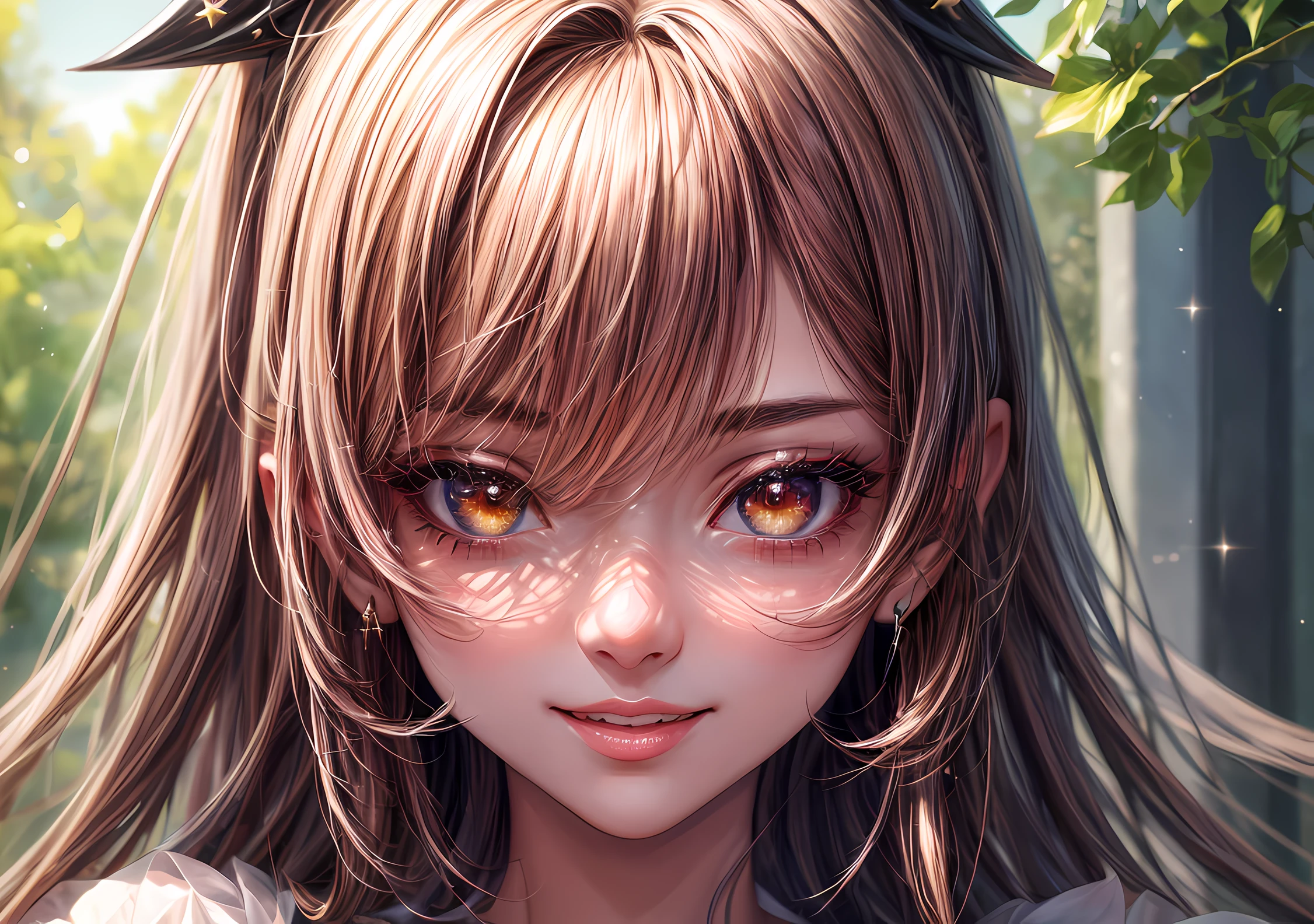 Girl looking at the camera with beautiful red eyes and an attractive smile, mouth open, White Teeth, Cute little nose, Beautiful ears, brown hair, Stars in her fixed eyes, breathtaking rendering, extreme closeup, Sweet girl, attractive anime girl, beautiful anime girl, Cute beautiful anime woman, detailed digital anime art, beautiful anime girl, beautiful anime girl, Anime with small details, Best Quality, Masterpiece, Ultra-detailed, Beautiful, hight resolution, Original,CG 8K ультрареалистичный, perfect artwork, beatiful face, Face Clean, Skin, hyper realistic, Ultra Detailed, A detailed eye, dramatic  lighting, (Realistic) Realistic, Full HD, Best Quality, Best Quality, Beautiful lighting, (8k wallpaper of extremely detailed CG unit), High Details, sharp-focus, The art of dramatic and photorealistic painting, beautiful smile, Incredibly detailed face, hyper detailed face, A face with a lot of detail, Perfect nose, gorgeous smile, A star in the eye, Perfect eye shadow, wink, Hyper-Detailed Eyes, Hyper-detailing of eyebrows, Hyper-detailed eyelashes,