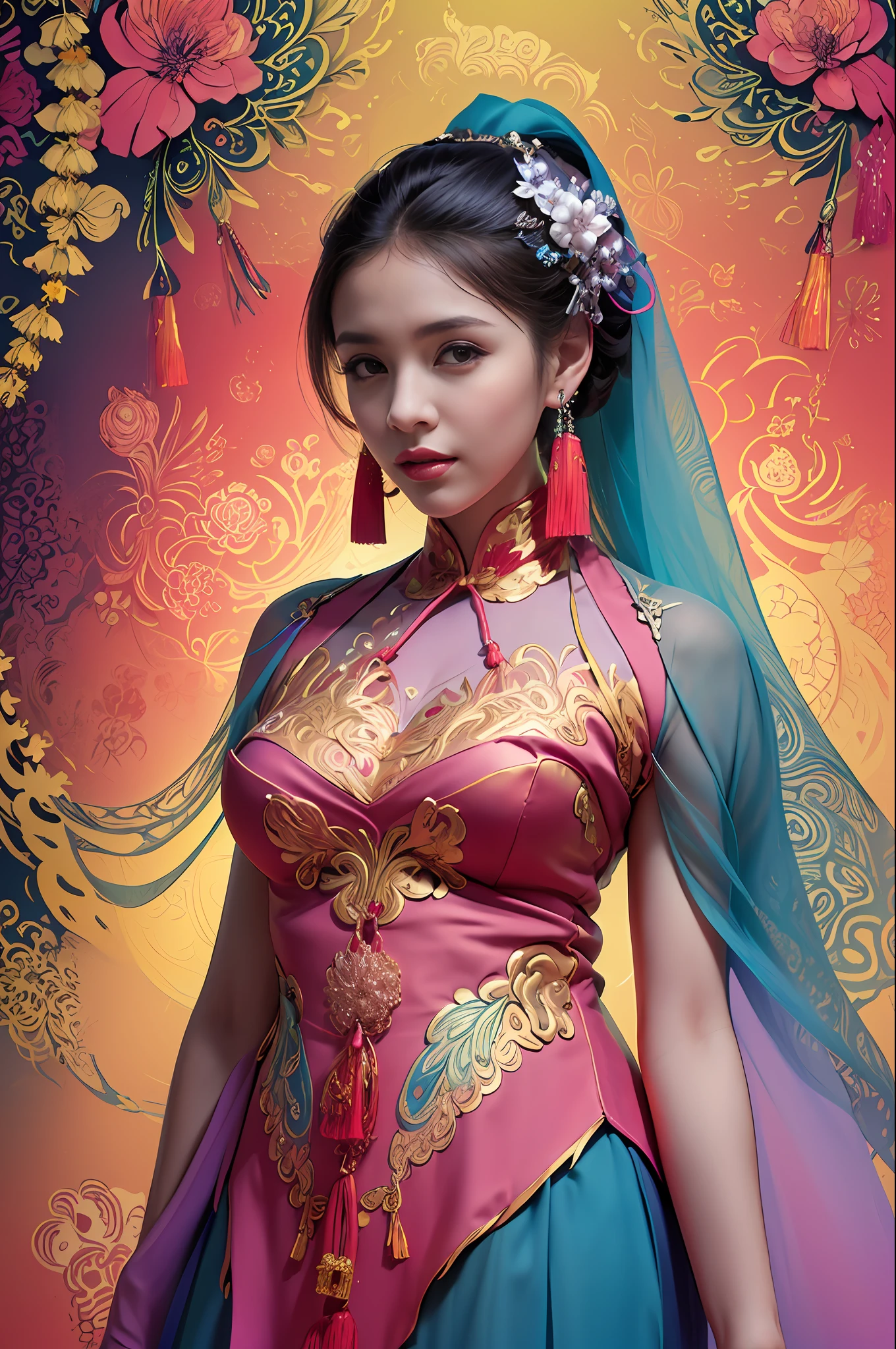 (Obra de arte, qualidade máxima, melhor qualidade, arte oficial, bonito e estético:1.2), (1 garota:1.3), extremamente detalhado,(arte fractal:1.1),(colorida:1.1)(flores:1.3),mais detalhado,(emaranhado:1.2), (pose dinâmica), (fundo abstrato:1.3), (pano tradicional chinês:1.2), (pele brilhante), (muitas cores:1.4), ,(brincos:1.4),