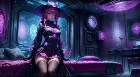 magenta futuristic elf demon witch girl in coverall suit (((skirt))) with hat, ((lacy)), magic lights, (cozy bedroom, sofa), fut...