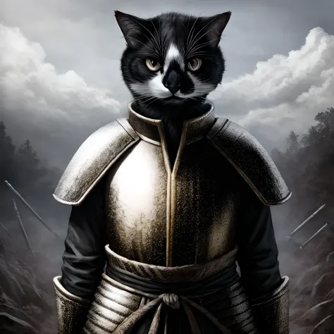 Leo, anthropomorphic black and white cat, cat anatomy, standing upright, fluffy, wearing elegant red samurai armor, in a battlefield, realistic, high quality, detailed face, detailed eyes, masterpiece