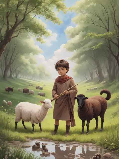 the boy Davi, Davi, a young shepherd boy of about 6 years old, lovingly tended to his sheep in a scene of lush green fields with...