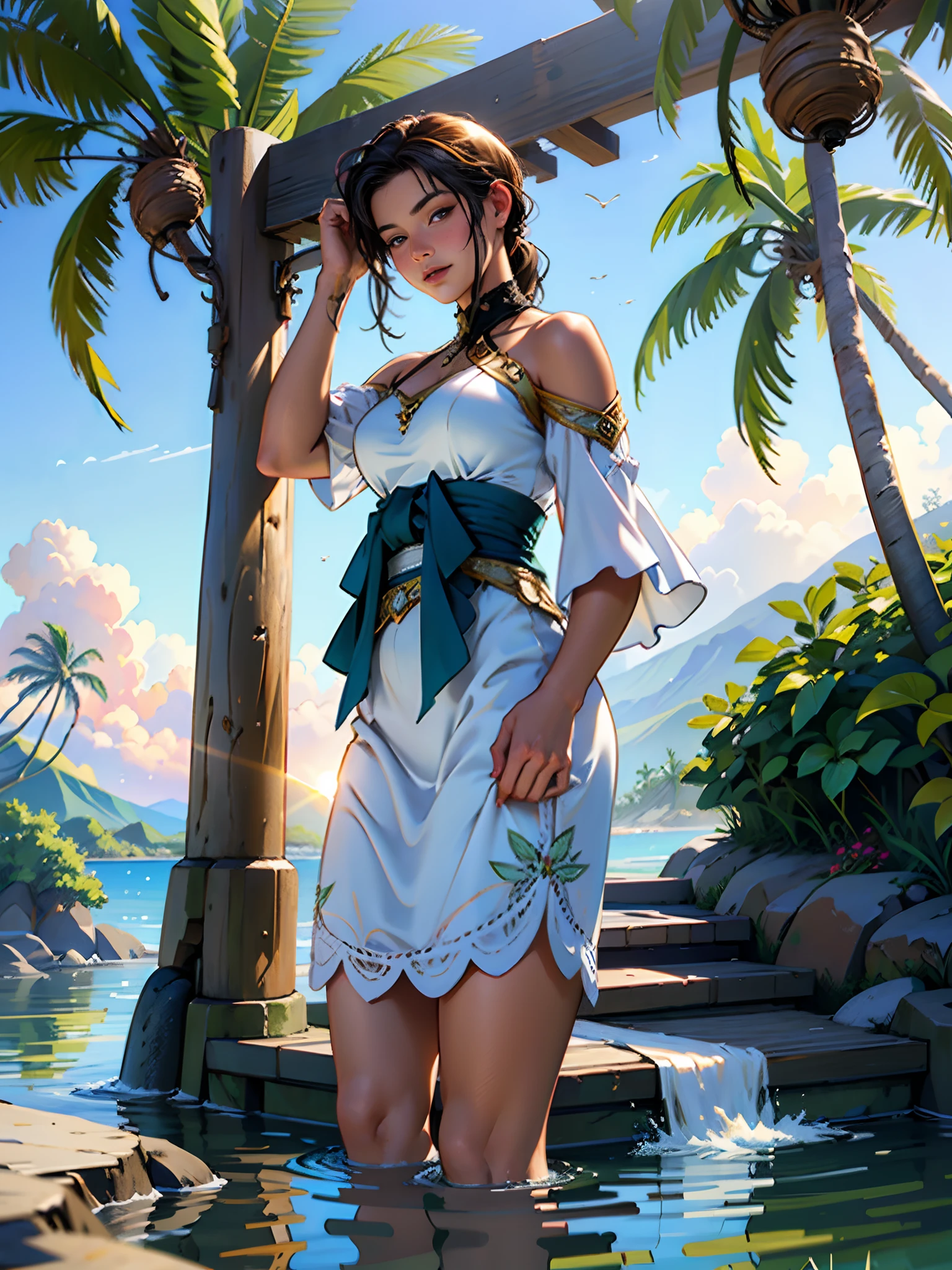 Hawaii Lahaina burning, painting from the water view, stile by christian lassen, Best quality, realistic, award-winning illustration in color, (complicated detail: 1.2), (fine detail) christian lassen stile