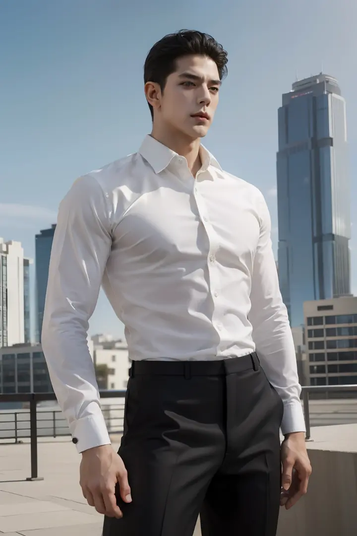 of a guy, White color blouse, The shirt is tucked into the pants, Wearing black trousers, thongs, Very handsome, Sunny and healt...