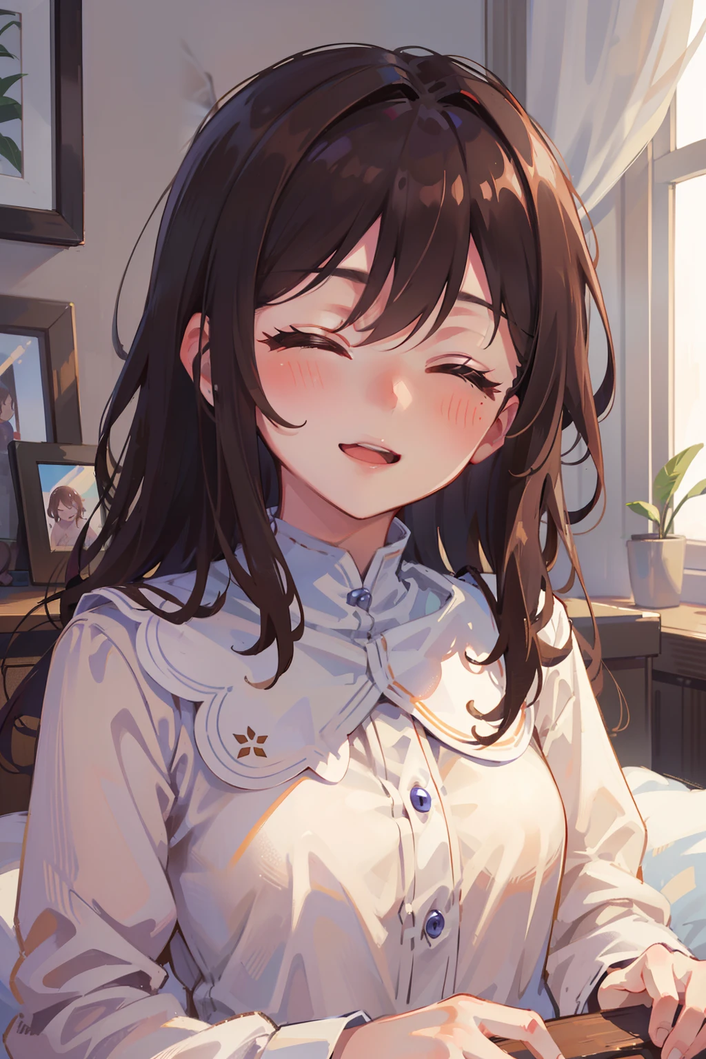 (masterpiece), best quality, beautiful detailed hair detailed face, ultra high res, sharp focus, ((1 woman, solo)), perfect feminine face, upper body, medium close-up, (at the morning time:1.5), in the bedroom, sleeps on the bed, chesnut brown hair, flowing long hair, smiles, (close eyes:1.2)
