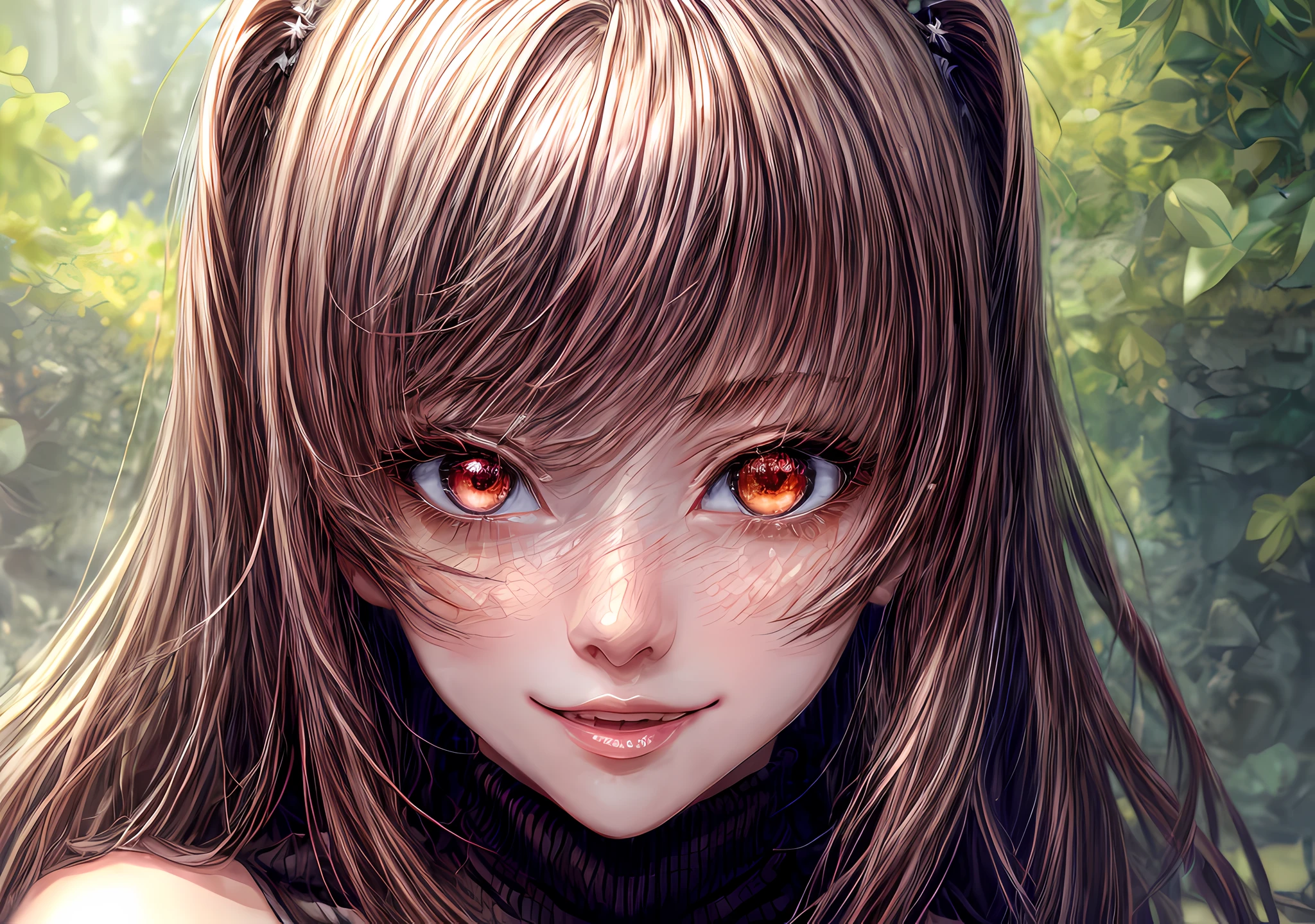 Girl looking at the camera with beautiful red eyes and an attractive smile, mouth open, White Teeth, Cute little nose, Beautiful ears, brown hair, Stars in her fixed eyes, breathtaking rendering, extreme closeup, Sweet girl, attractive anime girl, beautiful anime girl, Cute beautiful anime woman, detailed digital anime art, beautiful anime girl, beautiful anime girl, Anime with small details, Best Quality, Masterpiece, Ultra-detailed, Beautiful, hight resolution, Original,CG 8K ультрареалистичный, perfect artwork, beatiful face, Face Clean, Skin, hyper realistic, Ultra Detailed, A detailed eye, dramatic  lighting, (Realistic) Realistic, Full HD, Best Quality, Best Quality, Beautiful lighting, (8k wallpaper of extremely detailed CG unit), High Details, sharp-focus, The art of dramatic and photorealistic painting, beautiful smile, Incredibly detailed face, hyper detailed face, A face with a lot of detail, Perfect nose, gorgeous smile, A star in the eye, Perfect eye shadow, wink, Hyper-Detailed Eyes, Hyper-detailing of eyebrows, Hyper-detailed eyelashes,