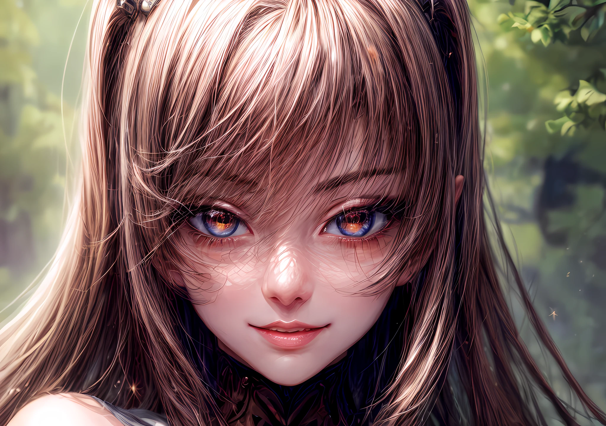 Girl looking at the camera with beautiful red eyes and an attractive smile, mouth open, White Teeth, Cute little nose, Beautiful ears, brown hair, Stars in her fixed eyes, breathtaking rendering, extreme closeup, Sweet girl, attractive anime girl, beautiful anime girl, Cute beautiful anime woman, detailed digital anime art, beautiful anime girl, beautiful anime girl, Anime with small details, Best Quality, Masterpiece, Ultra-detailed, Beautiful, hight resolution, Original,CG 8K ультрареалистичный, perfect artwork, beatiful face, Face Clean, Skin, hyper realistic, Ultra Detailed, A detailed eye, dramatic  lighting, (Realistic) Realistic, Full HD, Best Quality, Best Quality, Beautiful lighting, (8k wallpaper of extremely detailed CG unit), High Details, sharp-focus, The art of dramatic and photorealistic painting, beautiful smile, Incredibly detailed face, hyper detailed face, A face with a lot of detail, Perfect nose, gorgeous smile, A star in the eye, Perfect eye shadow, wink, Hyper-Detailed Eyes, Hyper-detailing of eyebrows, Hyper-detailed eyelashes,