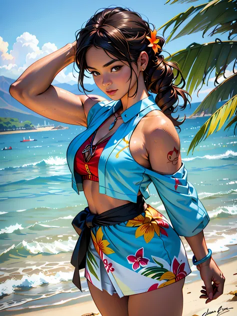 Hawaii Lahaina burning, 1 girl painting from the water view, style by Jaime Frias, Best quality, realistic, award-winning illust...