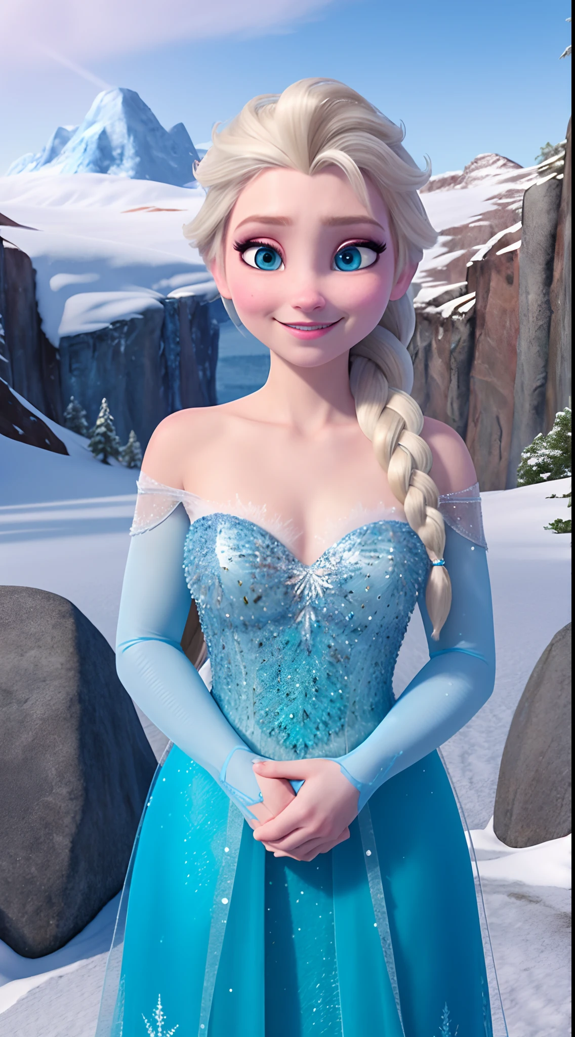 "Create a masterpiece with the best quality, showcasing a realistic cosplay of Elsa of Arendelle in her stunning blue ice dress. She should have a single braid. The background should feature a majestic mountain covered in snow and ice, close shot, she is large chested and has decolletage, she is petite and is posing for the shot, the shot is taken from below."