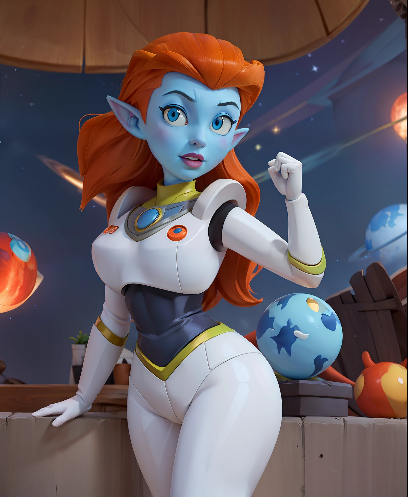 ((masterpiece,best quality)), cinematic composition,
mira_nova, orange hair, blue skin, looking at viewer, 
curvy, pointy ears, 
space suit,
Space, stars, planets,