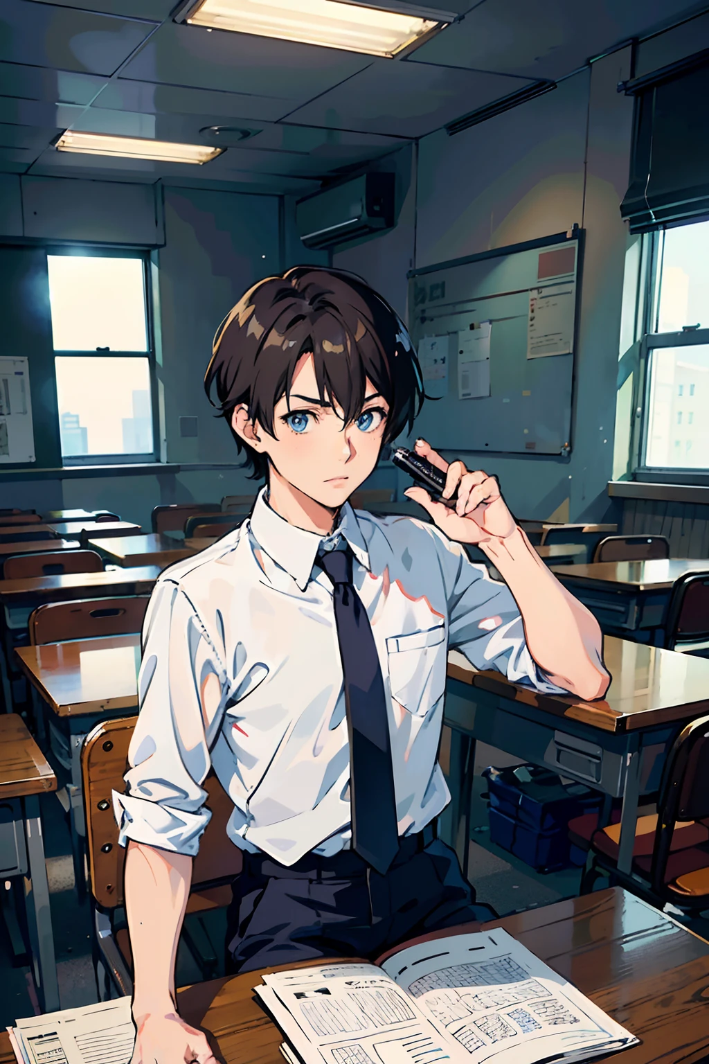 There is a man sitting at a desk with a book and a pen, tall anime man with blue eyes, Handsome Anime Pose, Smooth Anime CG Art, anime moe art style, By Shinkai Makoto. a digital rendering, young anime man, Anime. Soft lighting, anime style 4 k, anime style portrait, Anime Boy, digital anime illustration, High quality anime art style、male people, gorgeous eyes,A dark-haired、short-haired、Charming,Around 25 years old, Wearing a collared shirt、white  shirt、Manga,new employee,Front view,Balanced face、Inside the classroom、Has a worried face、soio、Studying、have a pen、sitting on