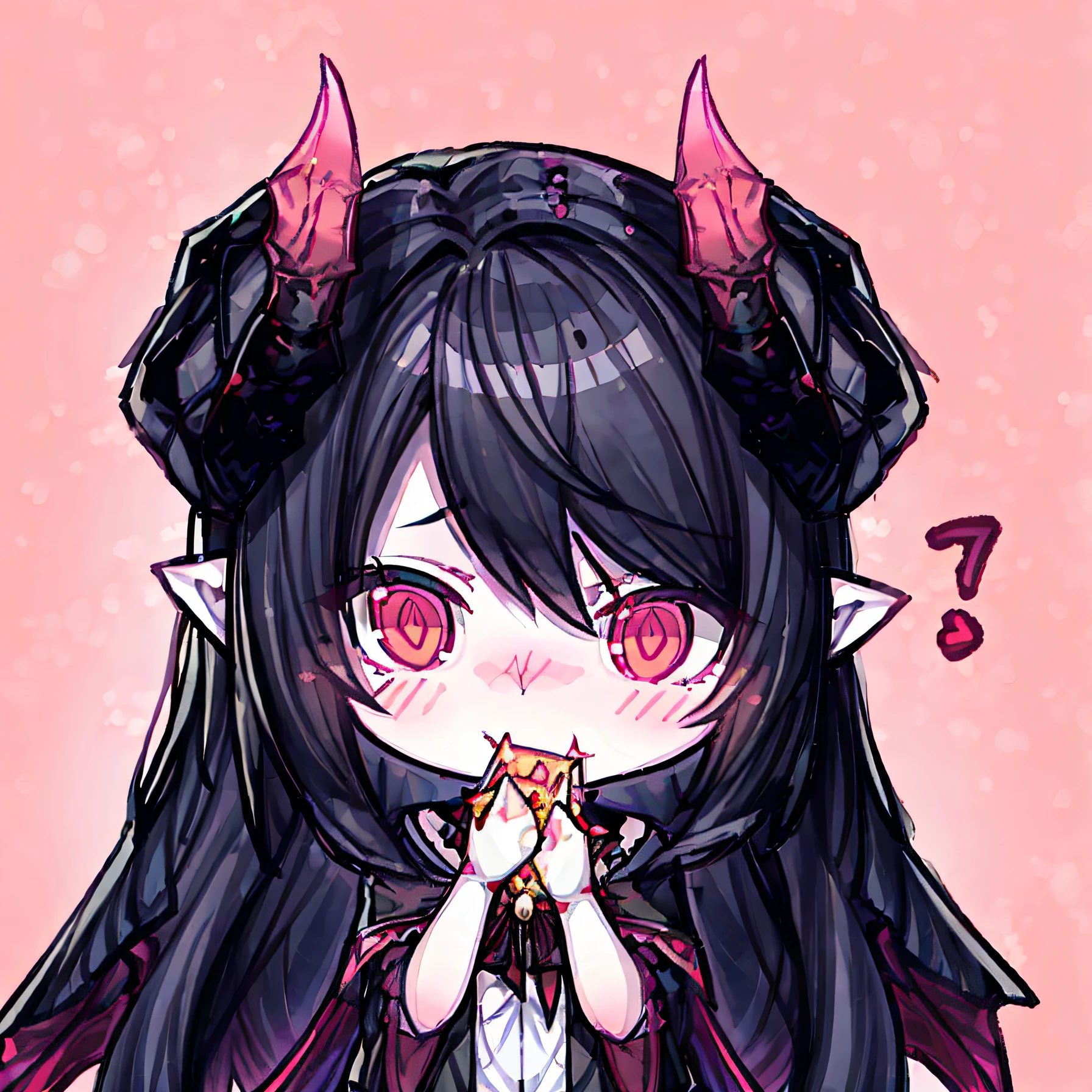 best quality, 1girl, chibi, eating pizza, succubus, horn, fluffly, blackquality hair, (disappointed:1.2), simple background, looking away, revealing cloth, pink theme,2d
