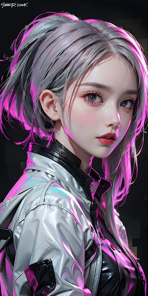 lucy \(cyberpunk\), 1girl,  hair scrunchie, hime cut, silver hair, colored tips, full moon, grey eyes, jacket, long sleeves, loo...