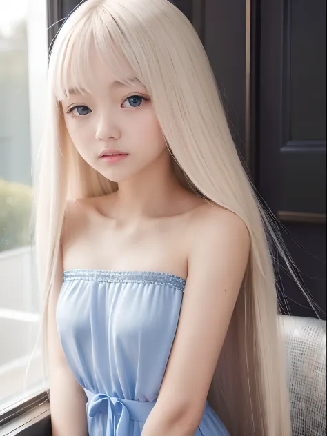 1 girl、portlate、student clothes、blue-sky、Bright and very beautiful face、年轻, shiny white shiny skin、Best Looks、Blonde hair with d...