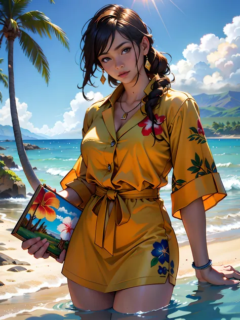 Hawaii Lahaina burning fire in the back, 1 girl painting from the water view, style by Jaime Frias, Best quality, realistic, awa...