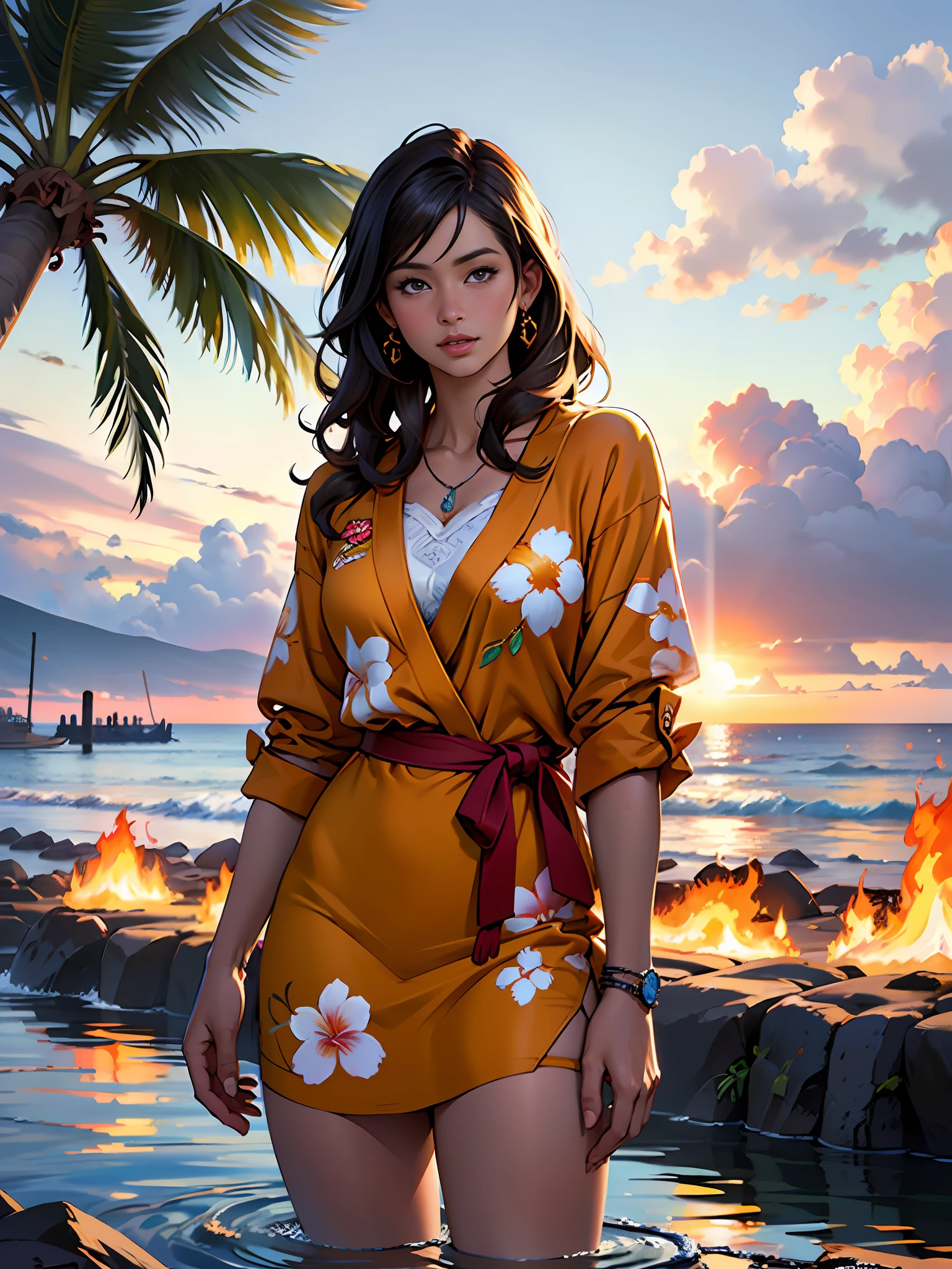 Гавайи Лахайна горит огнем сзади, 1 девушка рисует с видом на воду, стиль Хайме Фриаса, Лучшее качество, реалистичный, отмеченная наградами цветная иллюстрация, (Сложная деталь: 1.2), (мелкие детали)