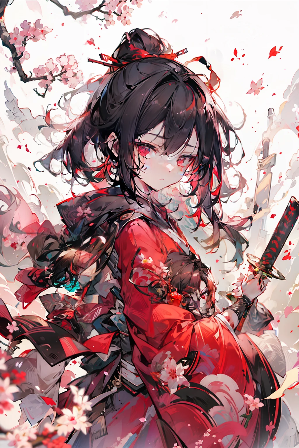 1 boy、nightcity、Sateen、Kimono without sleeves、A dark-haired、Holding a weapon with blood on it、Looking at the camera、Cherry blossoms are dancing