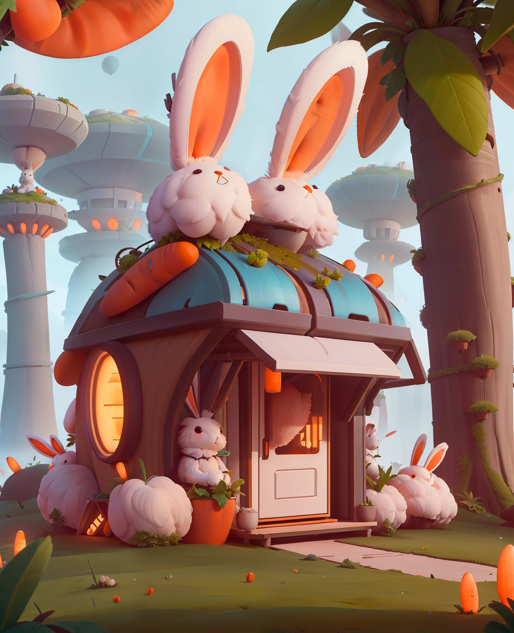 bunnytech ,   fluffy ,  carrots, scifi, 
small hut in the forest