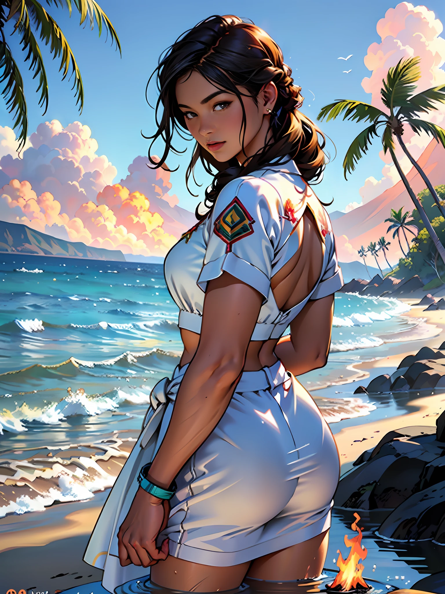 Hawaii Lahaina burning fire in the back, 1 girl painting from the water view, style by Jaime Frias, Best quality, realistic, award-winning illustration in color, (complicated detail: 1.2), (fine detail)