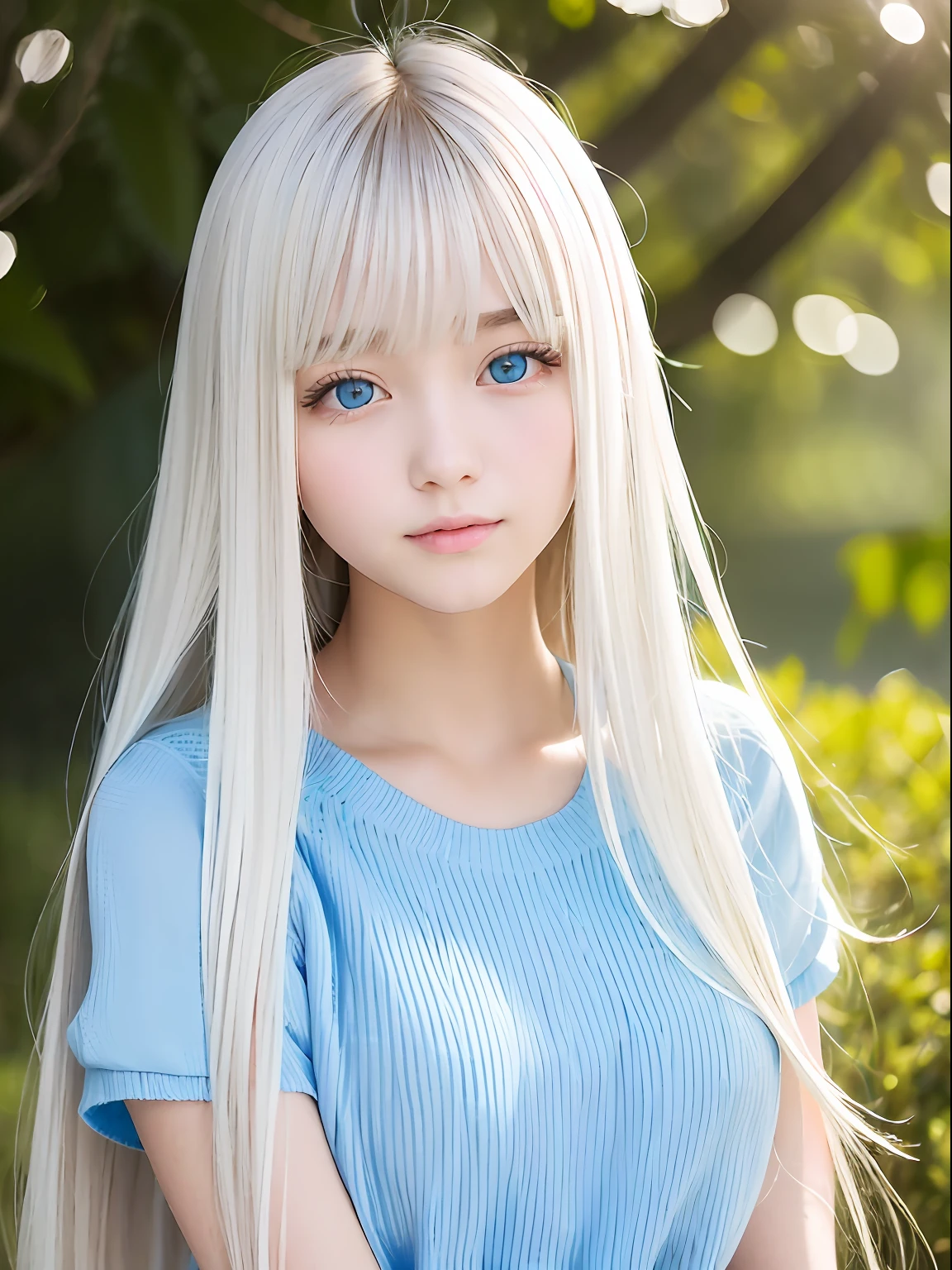 1 girl、portlate、student clothes、blue-sky、Bright and very beautiful face、年轻, shiny white shiny skin、Best Looks、Blonde hair with dazzling light reflection、Beautiful Platinum Blonde Super Long Silky Straight Hair Gloss、Long bangs、Extraordinarily beautiful 17 years old、Big eyes that shine crystal clear light blue、Beautiful lovely beautiful girl