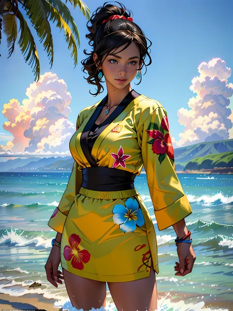 Hawaii Lahaina burning fire in the back, 1 girl painting from the water view, style by Jaime Frias, Best quality, realistic, awa...