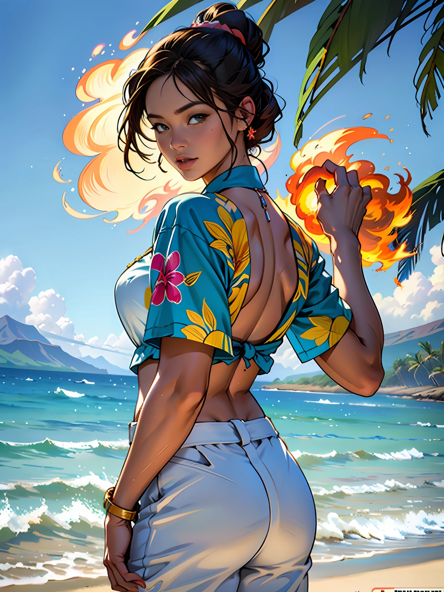 Hawaii, Lahaina, brennendes Feuer im Hintergrund, 1 Mädchen malt aus der Wassersicht, Stil von Jaime Frias, beste Qualität, Realistisch, preisgekrönte Illustration in Farbe, (Kompliziertes Detail: 1.2), (Feines Detail)