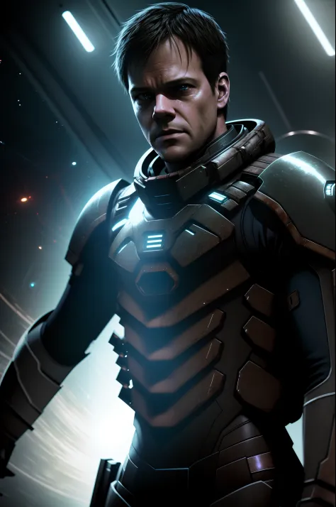 Sci Fi Horror Dead Space Matt Damon on Ishimura Haunted sci fi Space Ship photography, photorealism, shiny skin, cinematic rendering, ray tracing, the highest quality, the highest detail, Cinematic, Third-Person View, Blur Effect, Long Exposure, 8K, Ultra-...