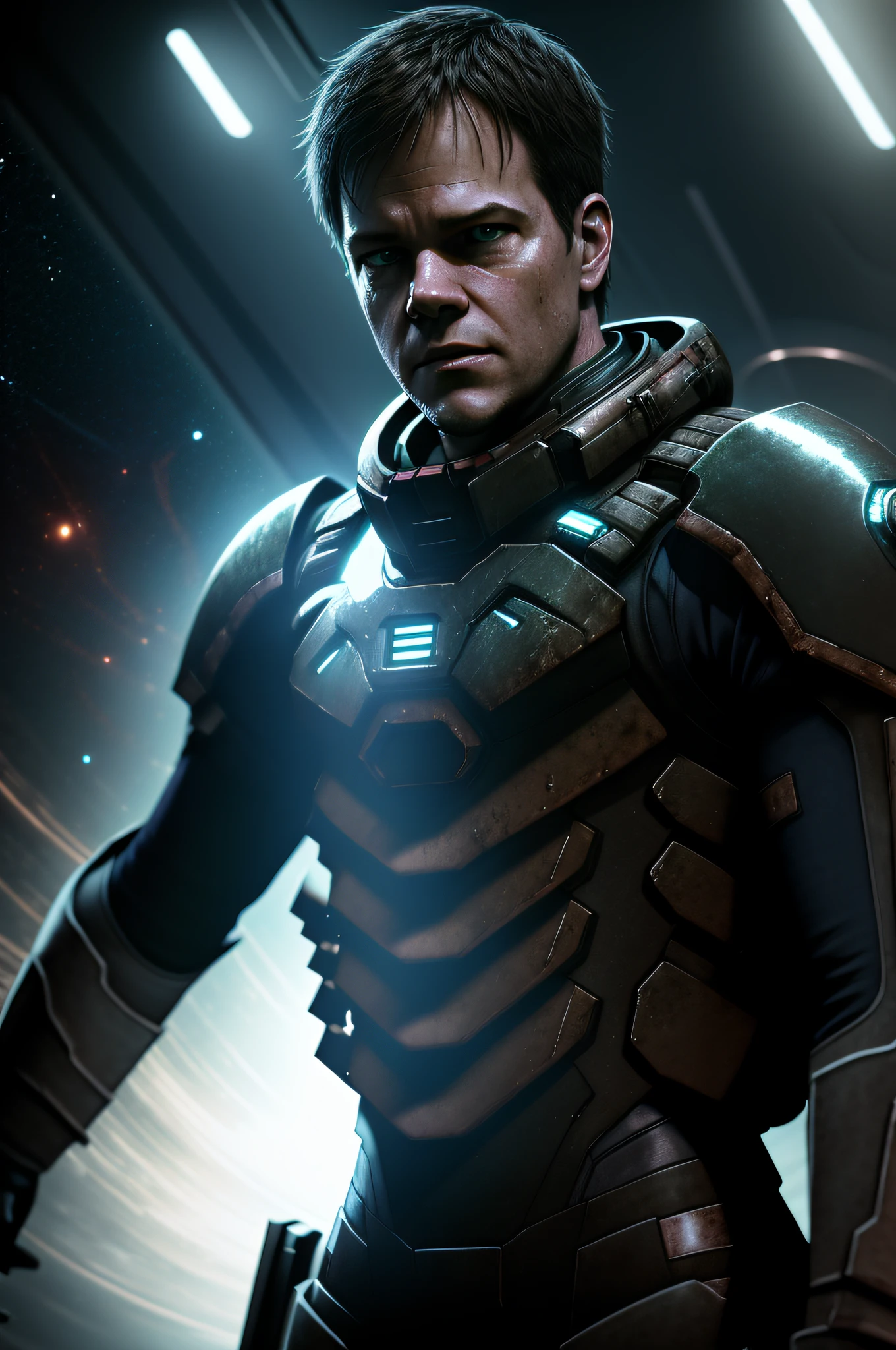 Sci Fi Horror Dead Space Matt Damon on Ishimura Haunted sci fi Space Ship photography, photorealism, shiny skin, cinematic rendering, ray tracing, the highest quality, the highest detail, Cinematic, Third-Person View, Blur Effect, Long Exposure, 8K, Ultra-HD, Natural Lighting, Moody Lighting, Cinematic Lighting