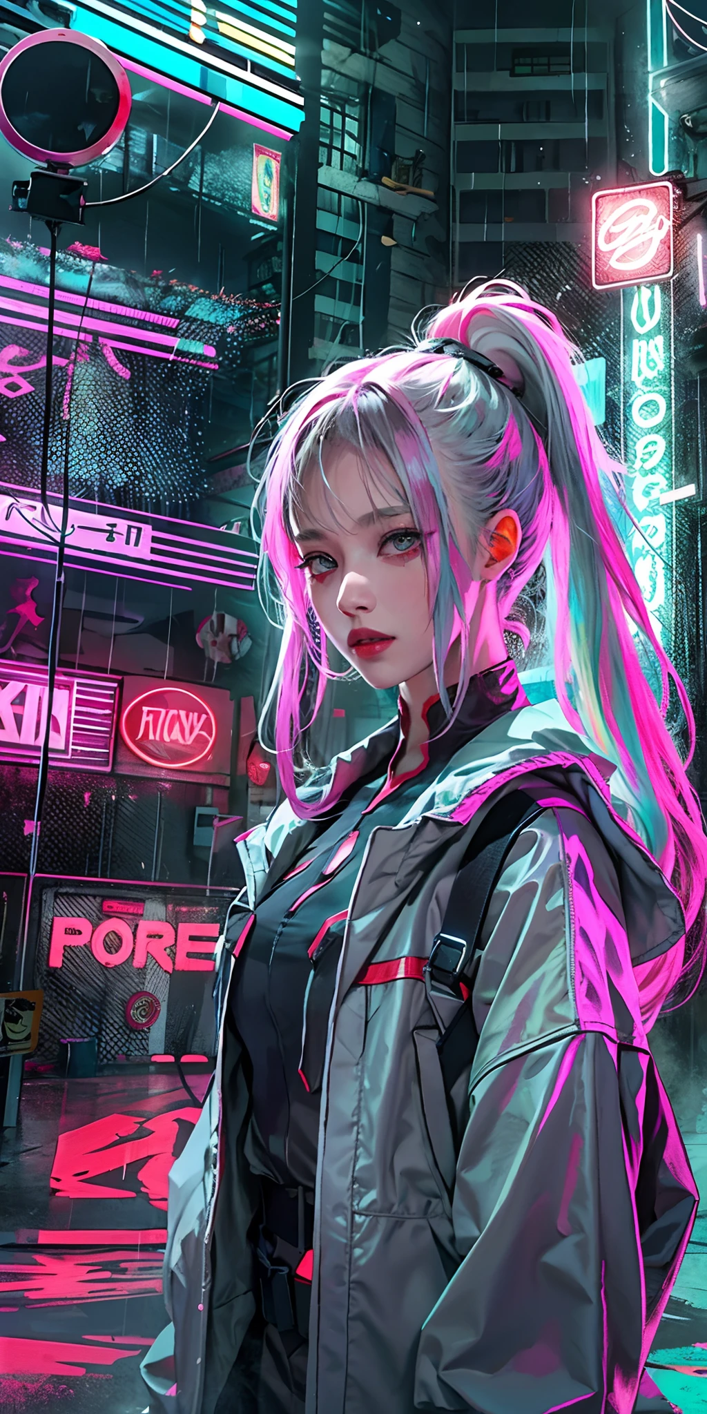 lucy \(cyberpunk\), 1girl,  hair scrunchie, hime cut, silver hair, colored tips, full moon, grey eyes, jacket, long sleeves, looking at viewer, medium hair, multicolored hair, parted bangs, parted lips, pink hair, portrait, red eyeliner, red lips, solo, white jacket, cyberpunk \(series\), rainy night in a cyberpunk city with glowing neon lights