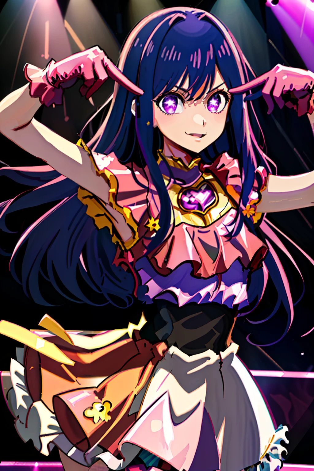 (Masterpiece), (Best quality:0.8),(Best picture quality) (1girll,Solo),Concert stage,Gorgeous Hair in Long Purple，Purple eye，pink leather gloves,Ai Hoshino,(Small breasts:0.8),Ray traching,slim，Slim figure，In a Japanese anime style，Delicate lines