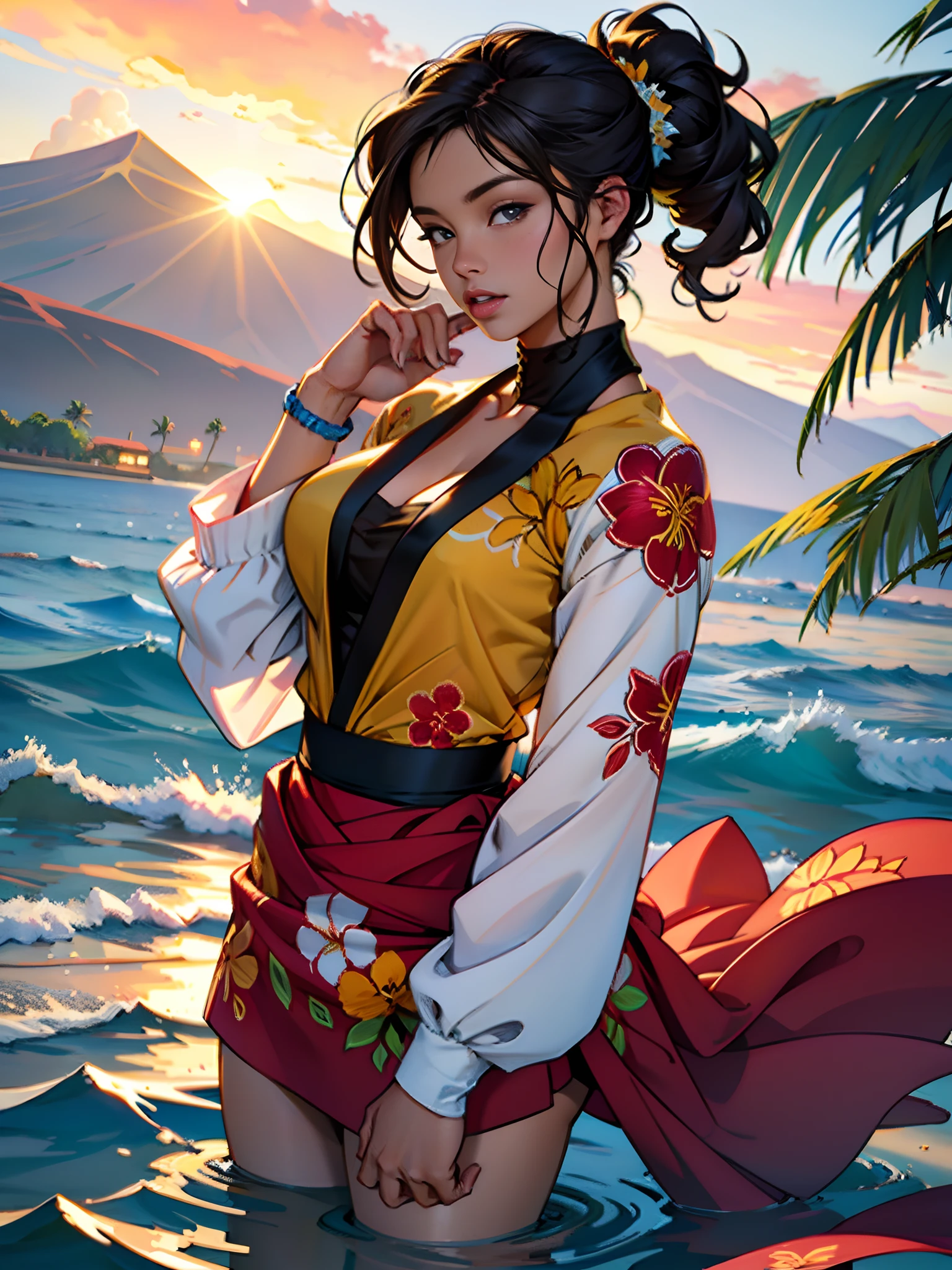Hawaii Lahaina burning fire in the back, 1 girl painting from the water view, style by Jaime Frias, Best quality, realistic, award-winning illustration in color, (complicated detail: 1.2), (fine detail)