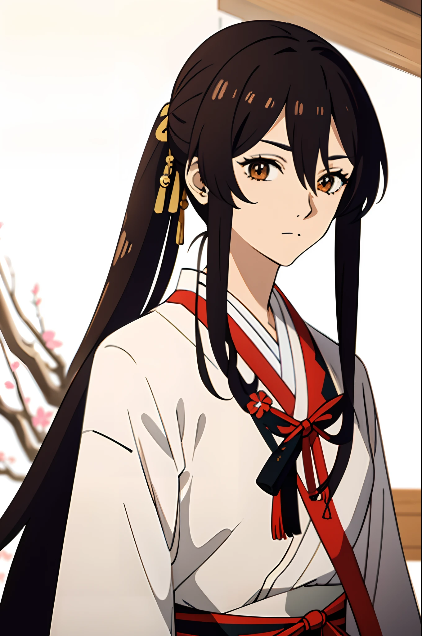 (masterpiece, best quality, ultra-detailed, best shadow), hyper detail, best illumination, 8K, close-up, long hair, shiny hair, (hair flaps), brown eyes, brown hair, shaded face, upper body, sagiri, 1girl, sad, looking at viewer, kimono, white robe, sakura petals, forest background, katana