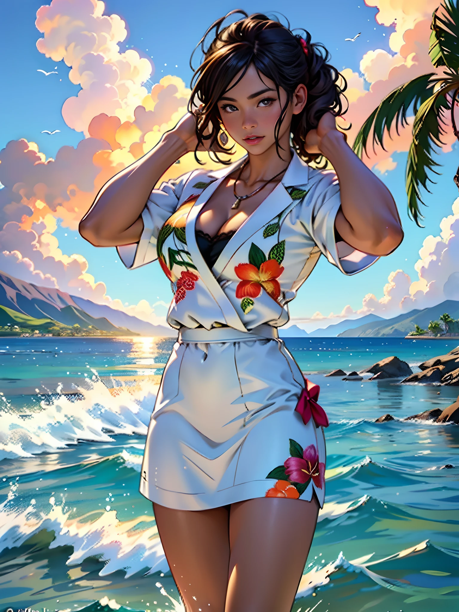 Hawaii Lahaina burning fire in the back, 1 girl painting from the water view, style by Jaime Frias, Best quality, realistic, award-winning illustration in color, (complicated detail: 1.2), (fine detail)