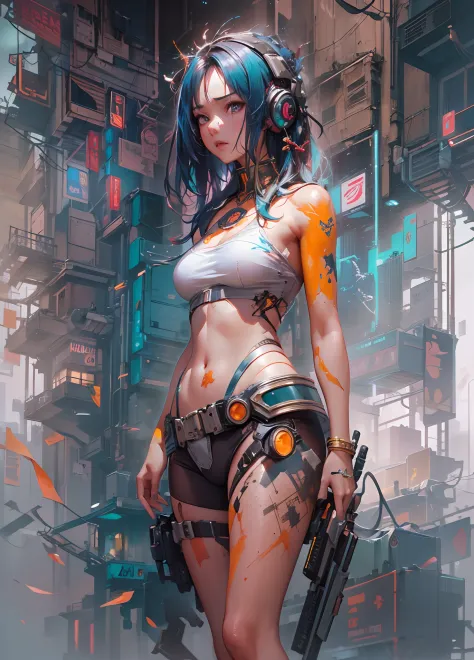 anime painting of cute asian cyberpunk female, shapeless cyberpunk hair, armor pieces, dynamic pose, elegant pose, bright colors...