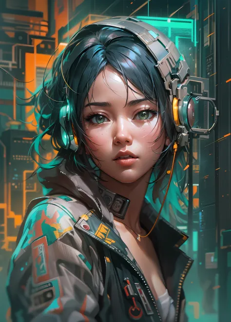 anime painting of cute asian cyberpunk female, shapeless cyberpunk hair, dynamic pose, elegant pose, bright colors, art by Carne...