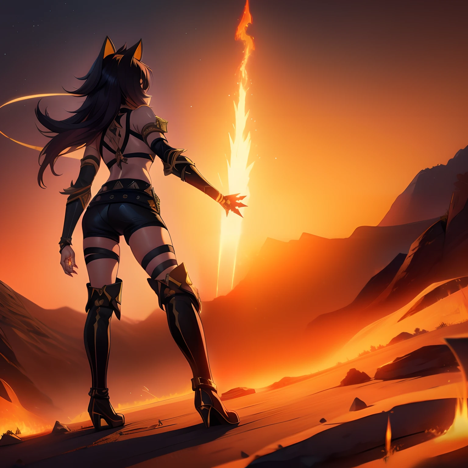 [dehya], [(genshin_impact)], ((masterpiece)), ((solo portrait)), ((back view)), ((cinematic)), ((high quality)), ((High definition)), ((anime)), ((detailed shading)), ((cinematic lighting)), {woman; short eyelashes, long black hair gold highlights, (defined muscular legs), (defined arm muscles)}, {(black shorts, knee high boots, metal claws, leg straps, cat ears}, {(dynamic pose), (pyromancer), (fire from hands)}, [Background; (desert), (starry sky), (fire)]