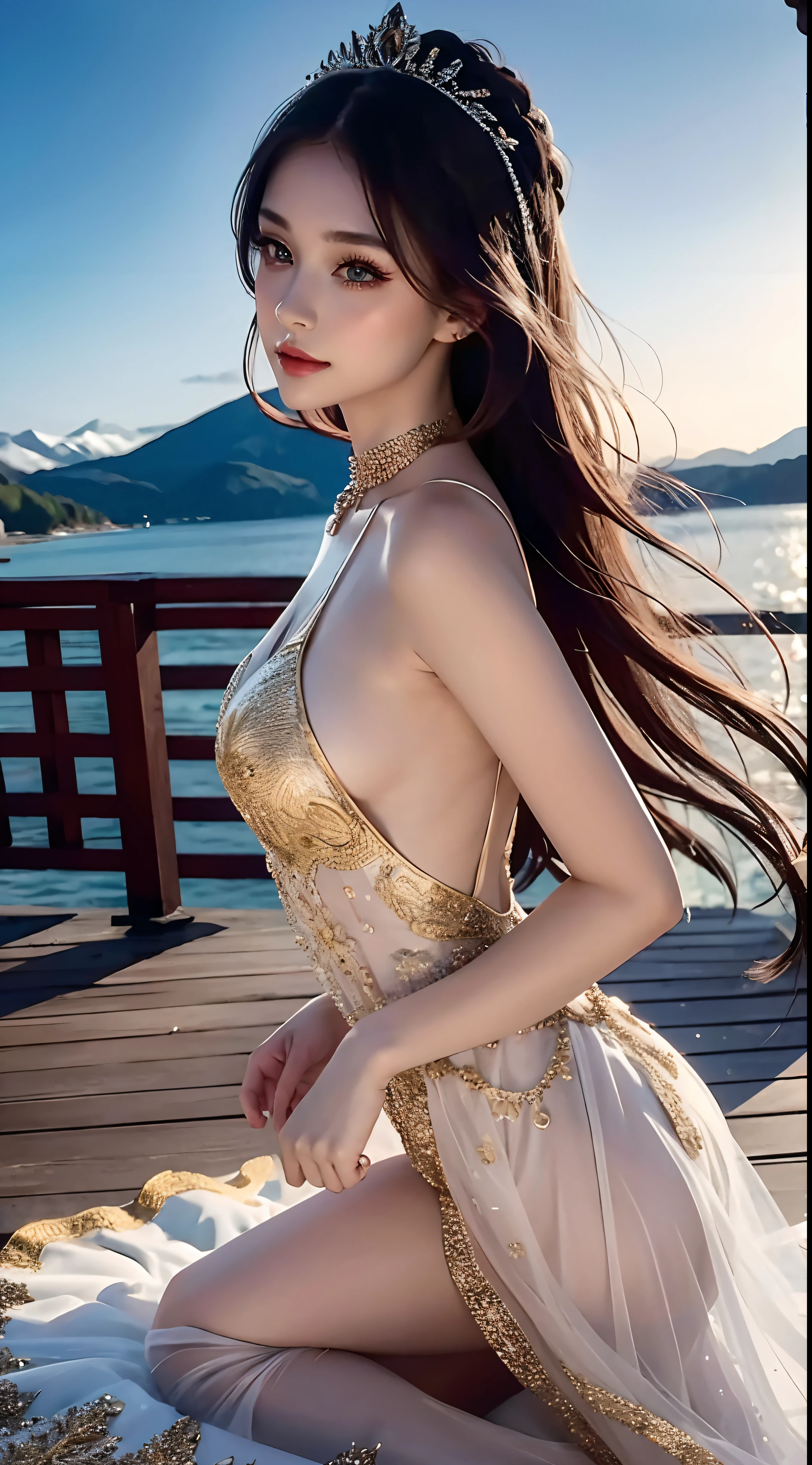 4K Ultra HD, Masterpiece, Cute little girl s, Nice face, Detailed Eyes, Liquid Lipstick, Long hair, Hair spreads, necklaces, beautiful dress, long dress, wedding dress, Gold, highlights, lighting effects, glittering, realistic background, Natural background, blossom, sunlights, mountains, Full-body capture, You can see the bridge, in the castle, view from side, Glass slippers