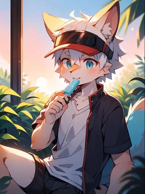 author：Jrjresq, author：Kirito, mammal, Furry, Male, Solo, wears, visor, Lick popsicles, Summer,Hazy light and shadow, Reflective...