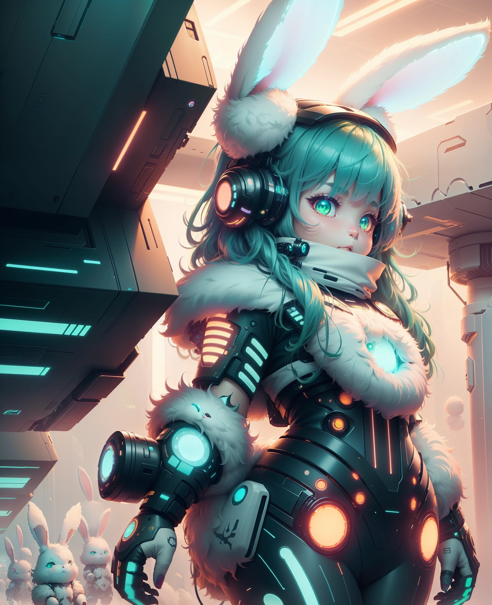 bunnytech , scifi, fluffy , 
1girl, tattoos, glowing tattoos, glowing eyes, colored glowing hair , full body, green hair,
  kawaiitech, pastel colors, kawaii, cute colors,