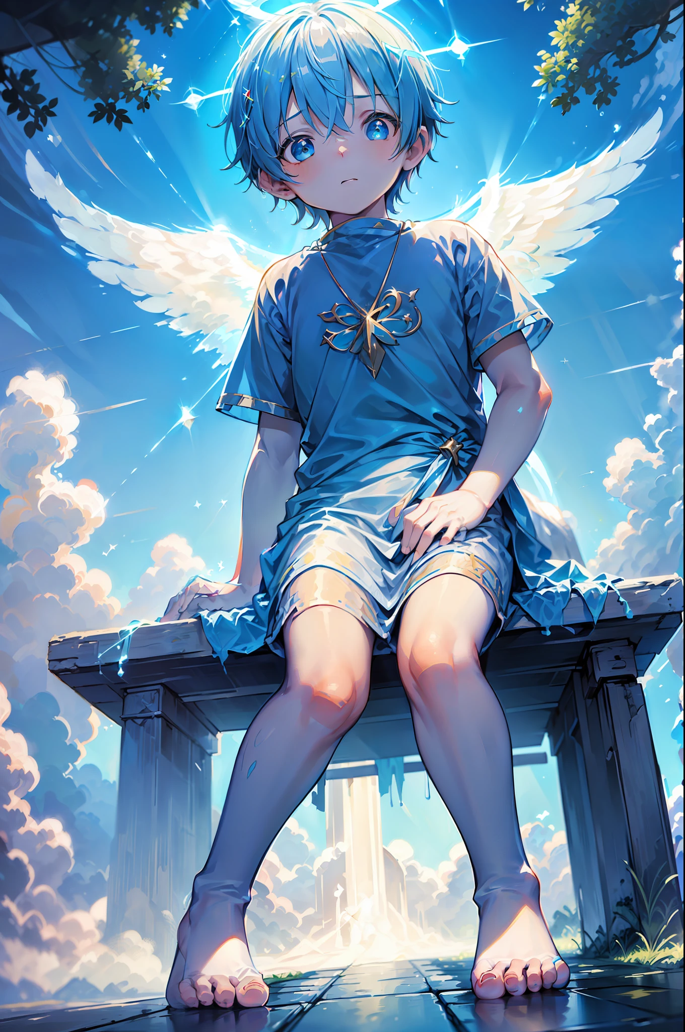 4k, (Masterpiece:1), Little boy with blue colored hair and shiny, glowing cyan eyes and barefoot and angel wings on his back, wearing divine clothes, sitting on a sidewalk, young, boy, , small, toddler, tiny feet, focus on feet, sexy feet, blushing, (Young:1.4), (Child:1.4), (Shota:1.4), (male:1.4), (boy:1.4), (divine:1.4), (divine clothes:1.4)