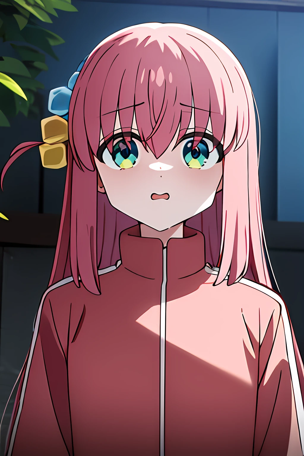 Masterpiece, Best Quality, highres, gotou1, Goto Hitori, Alone, pink jacket, tracksuit, fringe, hair between eyes, long sleeves, (angry face: 1.2), upper_body, wavy mouth, sweat drop, Open mouth, ashamed, trembling, outdoor,