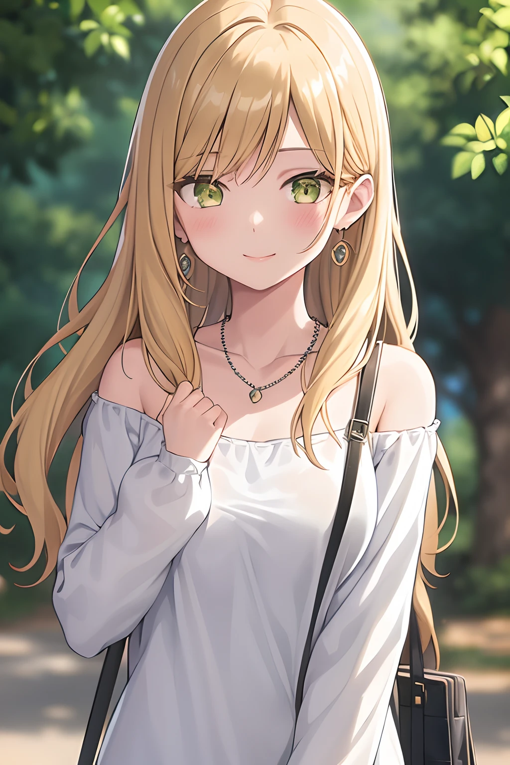 1girl, bag, bangs, blonde_hair, collarbone, earrings, green_eyes, jewelry, long_hair, necklace, shirt, smile, solo, upper_body
((best quality)), ((masterpiece)), (detailed), ultra detailed