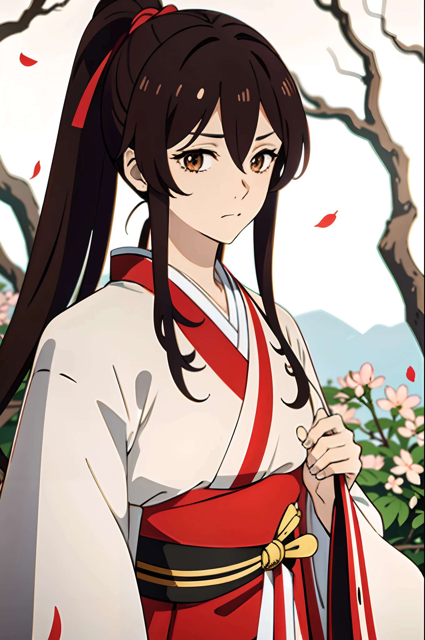 (masterpiece, best quality, ultra-detailed, best shadow), hyper detail, best illumination, 8K, close-up, long hair, shiny hair, (hair flaps), brown eyes, brown hair, shaded face, upper body, sagiri, 1girl, sad, looking at viewer, kimono, white robe, sakura petals, forest background, katana