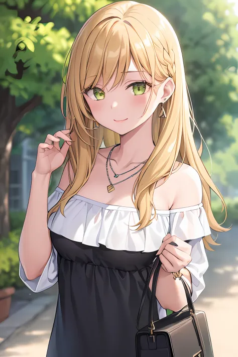 1girl, bag, bangs, blonde_hair, collarbone, earrings, green_eyes, jewelry, long_hair, necklace, shirt, smile, solo, upper_body
(...