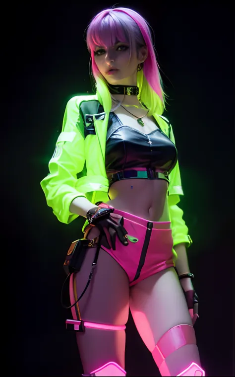 mulher arafed em roupas neon posando para uma foto, brilho cyberpunk brilhante, estilo neon cyberpunk, cyberpunk with neon light...