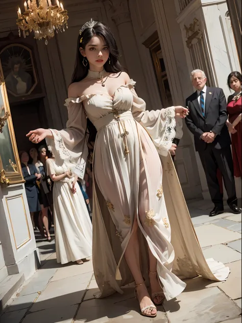 top quality picture　　　、United Kingdom 、Buckingham Palace　、　１５century　、(((Large crowd of guests)))　、long dress in beige color　、El...