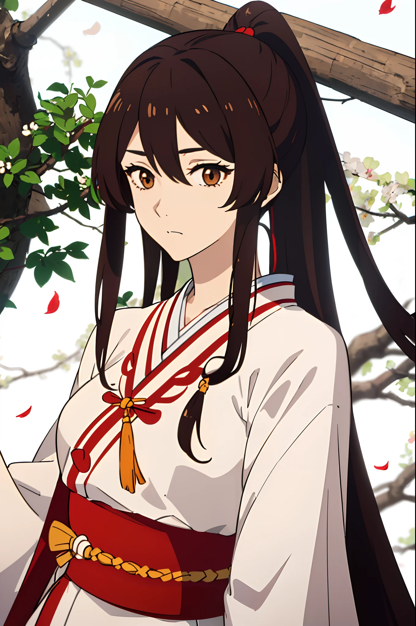 (masterpiece, best quality, ultra-detailed, best shadow), hyper detail, best illumination, 8K, close-up, long hair, shiny hair, (hair flaps), brown eyes, brown hair, shaded face, upper body, sagiri, 1girl, sad, looking at viewer, kimono, white robe, sakura petals, forest background, katana