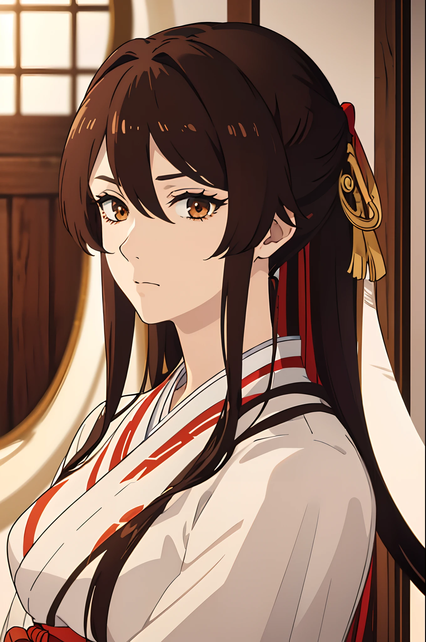 (masterpiece, best quality, ultra-detailed, best shadow), hyper detail, best illumination, 8K, close-up, long hair, shiny hair, (hair flaps), brown eyes, brown hair, shaded face, upper body, sagiri, 1girl, sad, looking at viewer, kimono, white robe, sakura petals, forest background, katana