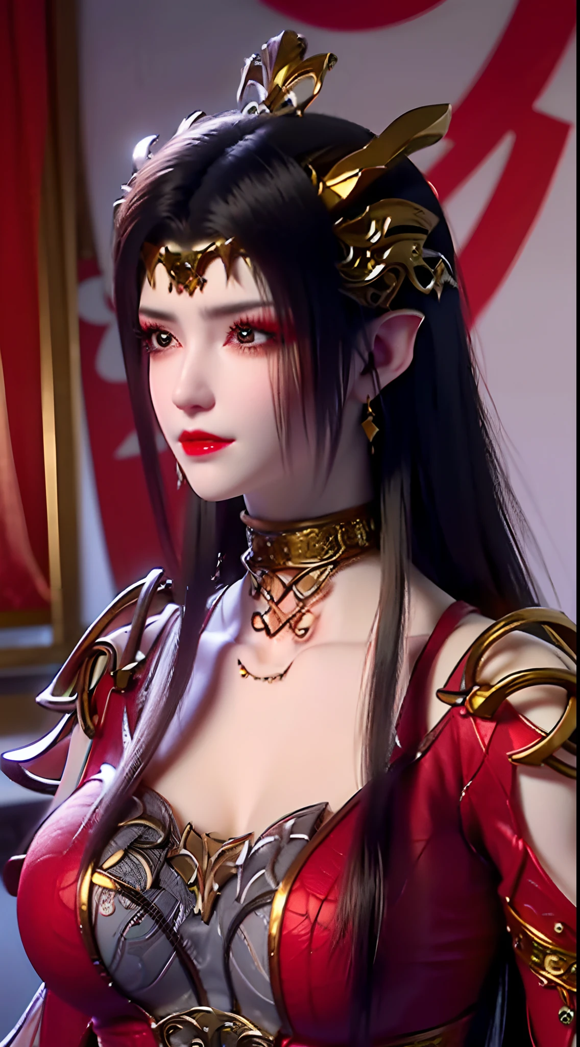 1 very beautiful queen medusha in hanfu dress, thin red silk shirt with many yellow motifs, black lace top, jewels on the queen's head and hair, long hair dyed black, beautiful hair jewelry, pretty face pretty and cute, perfect face, earring jewelry, light purple rabbit ears, antique jewelry, big red eyes, sharp eye makeup, meticulous makeup eyelashes, thin eyebrows, nose tall, pretty red lips, no smile, pursed lips, rosy cheeks, wide breasts, big breasts, well-proportioned breasts, slim waist, red mesh stockings with black lace, Chinese hanfu style, fictional art patterns, colors vivid and realistic, RAW photos, realistic photos, ultra-high quality 8k surreal photos, cool photos, (virtual lighting effects: 1.8), 10x pixels, magic effects (background): 1.8), super detailed eyes, beautiful girl body portrait, girl alone, ancient hanfu background, looking directly at the audience, wide original photo, 8k quality, super sharp, detailed and clear picture best, detailed light background,