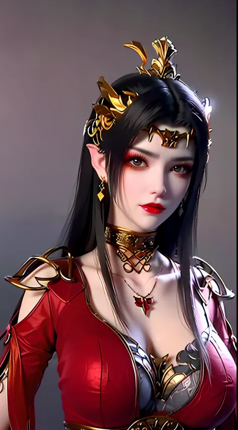 1 very beautiful queen medusha in hanfu dress, thin red silk shirt with many yellow motifs, black lace top, jewels on the queen's head and hair, long hair dyed black, beautiful hair jewelry, pretty face pretty and cute, perfect face, earring jewelry, light purple rabbit ears, antique jewelry, big red eyes, sharp eye makeup, meticulous makeup eyelashes, thin eyebrows, nose tall, pretty red lips, no smile, pursed lips, rosy cheeks, wide breasts, big breasts, well-proportioned breasts, slim waist, red mesh stockings with black lace, Chinese hanfu style, fictional art patterns, colors vivid and realistic, RAW photos, realistic photos, ultra-high quality 8k surreal photos, cool photos, (virtual lighting effects: 1.8), 10x pixels, magic effects (background): 1.8), super detailed eyes, beautiful girl body portrait, girl alone, ancient hanfu background, looking directly at the audience, wide original photo, 8k quality, super sharp, detailed and clear picture best, detailed light background,